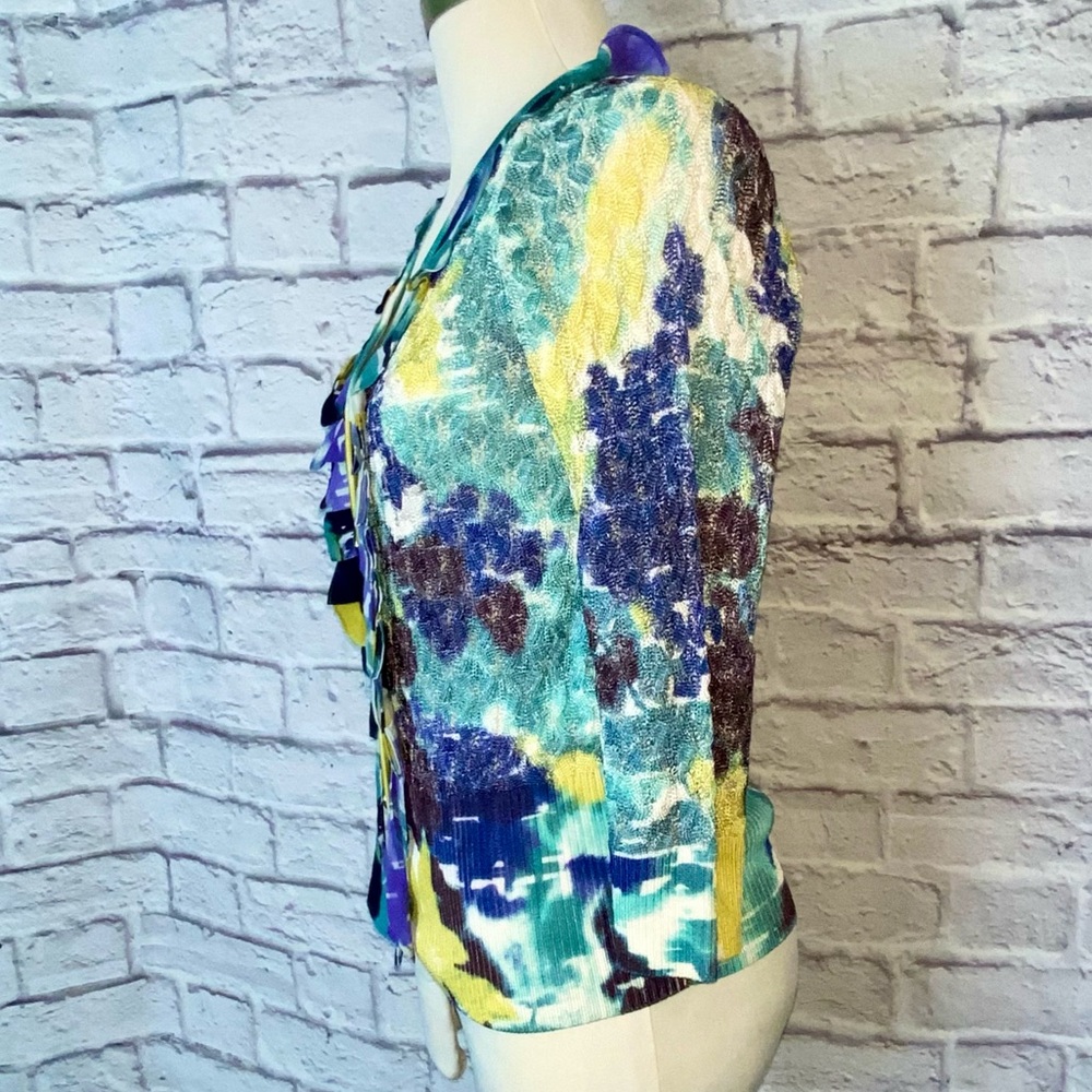 St John. Watercolor Button Up Cardigan in Blues, Yellow, Green. Size XS. - Picture 3 of 12